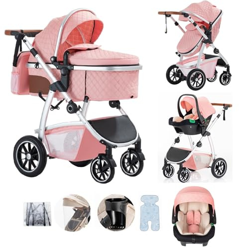 Lnhcrbs Passeggino 3 in 1, Sacca per La Mamma e Portabottiglie,22KG,Rose | Passeggino Leggero con Maniglia di Spinta Regolabile in Altezza, Carrozzina Reversibile Rivestita con Zanzariera,0-48