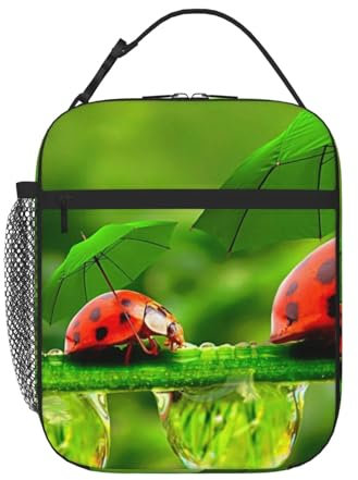 VANANI Lustige Marienkäfer-Lunch-Tasche mit Regenschirmen, isolierte Lunchtasche mit seitlicher Netztasche, isolierte Lunchtasche für Männer und Frauen, wasserdichte Lunchtasche, als Isoliertasche für