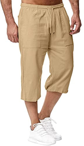Pantalones Cortos de Playa de Lino para Hombre Pantalones 3/4 de Verano Corte Holgado Informales Bolsillos con cordón Pantalones para Vacaciones Marrón 3XL
