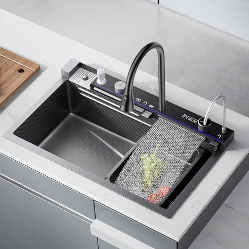 Harnart Noir Évier de cuisine en acier inoxydable 304 avec robinet extractible Grand évier simple Affichage numérique intégré Lave-tasses Distributeur de savon Robinetterie (75 * 45 * 21 cm)