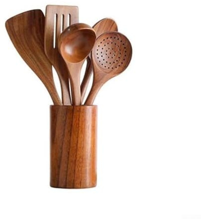 HEBEOT Ensemble d'ustensiles de cuisine en bois d'acacia - Cuillères en bois naturel - Ustensiles de cuisine pour diverses cuisines (5 + 1 pièce)