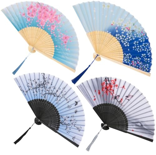4 Stück Faltbare Fächer Chinesischer Handfächer Blumen Stoff Fächer Orientalischer Faltfächer für Sommerwetter Hochzeitsgeschenk Partygeschenk und Heimdekoration