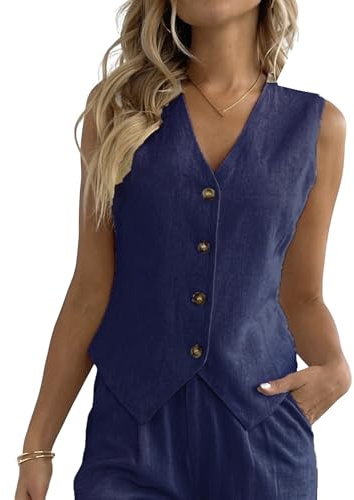 Gilet sans manches en lin Fakanhui avec col en V boutonné pour femme - Beige - S ou M
