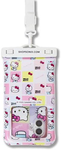 Sonix x Sanrio Waterproof Phone Pouch - Floating Phone Case Dry Bag w/Crossbody Lanyard - Beach Cruise Travel Essentials - Compatible w/All Devices, Touchscreen Friendly | Hello Kitty Grid