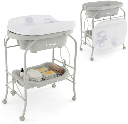 COSTWAY 4 in 1 Baby Changing Table, Folding Infant Nursery Station with Bath Tub, 4 Universal Wheels, PVC Pad and Storage Tray, Portable Newborn Massage Tables Diaper Organizer (Light Grey)