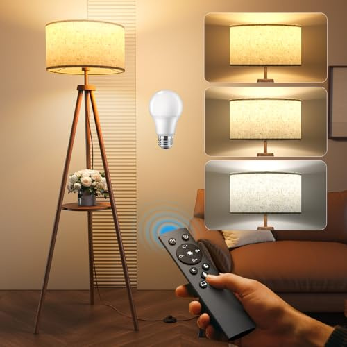 Tripod Floor Lamp with Storage Shelves - 12W Solid Wooden Standing Lamp with E27 Bulb & Remote Control, Corner Lights for Living Room, Bedroom, Walnut Wood