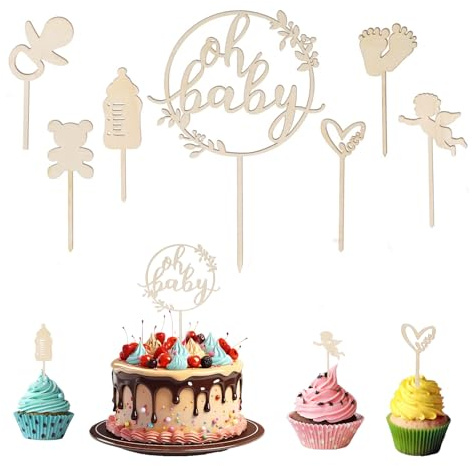 7 Stück Oh Baby Cake Topper Holz,Kuchen Topper Babyparty Tortendeko Für Baby Shower,Gender Reveal Party Deko