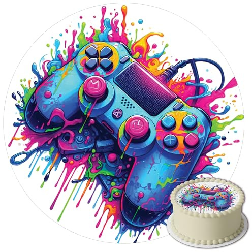 J&M DECO Essbare Tortenaufleger Gamer – Runde Tortendeko 20 cm aus Oblatenpapier – Geburtstag Junge – Esspapier für Geburtstagskuchen – Gaming-Motiv Kinderparty – Glutenfrei & Vegan