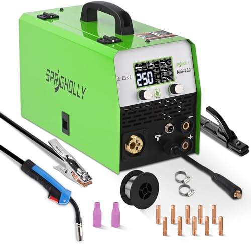 SPRIGHOLLY 5 in 1 MIG Welder 250A Gas MIG/Flux Core MIG/Stick/Lift TIG/Spot Welding/Spool Gun Multi Process Aluminum Welding Machine with Large LED Digital Display, 2lbs/11lbs Welding Wire Compatible