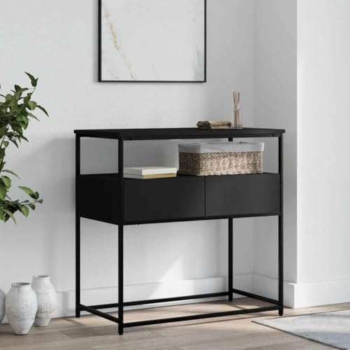 FENLAX Konsolentisch mit Schublade 75x40x75 cm mit Ablagen Beistelltisch Telefontisch Holz Couchtisch Flurtisch Sideboard Holzwerkstoff&Metall Schwarz
