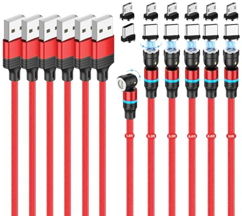 Losuesme Magnetic Charging Cable (6-Pack, 0.5m+1m+1m+2m+2m+3m) 540° Rotation Magnet Phone Charger USB C Cable 3A Fast Charging Magnetic Charger Cable with LED Light for Micro USB Type C Device