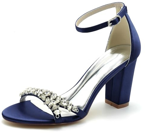 Gycdwjh 8.5cm Été et Élégantes Hauts Talons Pompes Satinée Chaussures de Mariée Blocs Femmes Sandales Strass Bout Ouvert Escarpins,Dark Blue,36 EU