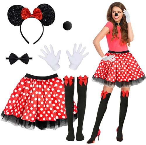 Xerteam Pack of 6 Mouse Costume for Girls Women, Cute Mini Mouse Costume for Adults, Mouse Ear Headband + Red Tutu Skirt + Nose + Bow Tie + Gloves + Socks for Cosplay, Halloween, Fancy Dress Party