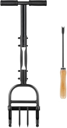 Huracan Aerifizierer für Rasen, Rasenlüfter Manuell Hohlspoon mit 4 Stahlspikes, Ablageschale, Gartengeräten, T-Griff Rasenbelüfter Rasenspecht Belüften für kleine Gärten Verdichtete Böden Rasenpflege