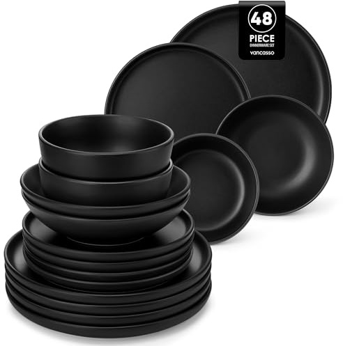 vancasso Black Crockery Sets for 12 People, Elegant 48 Piece Dinner Set with Matte Glaze, Modern Style Playa Dinnerware Sets