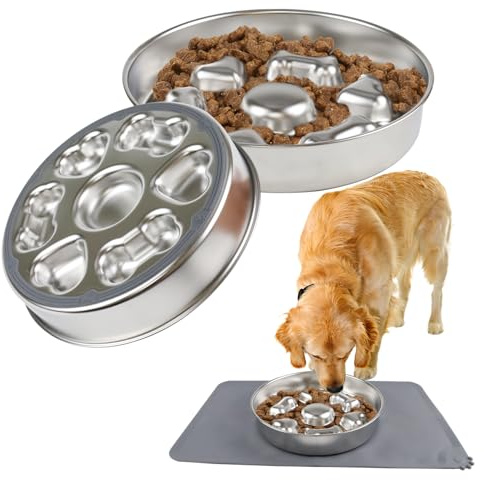 Fosoloni Anti Schling Napf für Hunde mit Napfunterlage Silikon, Antischlingnapf Edelstahl, mit rutschfeste Silikonbasis, Slow Feeder Hund für Mittelgroße/Große Hunde/Katze, Ø 21.5cm, 1000ml