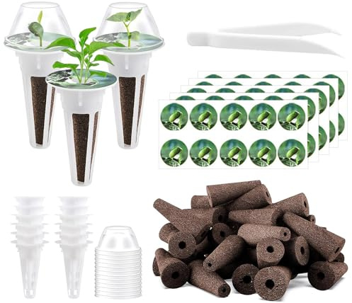 Hojalis Lot de 50 Éponges de Culture, Kit De Dosettes De Graines avec 12 Paniers De Plantation, 12 Couvercles Transparents, 50 Autocollants,1 Pince À Épiler, Eponges Hydroponiques pour légumes,Plantes