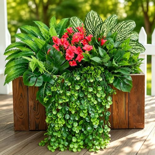 Artificial Greenery Outdoor Fake Ivy Plants Hanging Faux Boston Ferns Stems UV Resistant,10Bundles Faux Shrubs Mixed Artificial Flowers Grass for Outdoor Planter Window Box Bedroom Porch