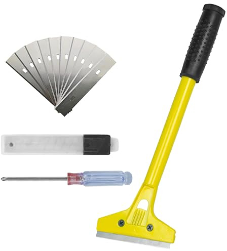 AMSGANK Wall Scraper Tool with Long Handle, Heavy Duty Floor & Wall Paper Removal Tool Non Slip with 10 Spare Blades for Cleaning Glass Floor Wall Paint Adhesive Sticker Stripper