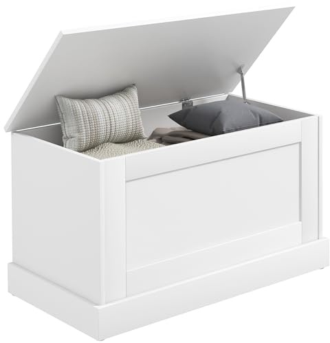 HOMCOM Coffre de Rangement Coffre à Jouets 80 x 40 x 45 cm Blanc | en Bois, Charnière de Sécurité, pour Salon, Entrée