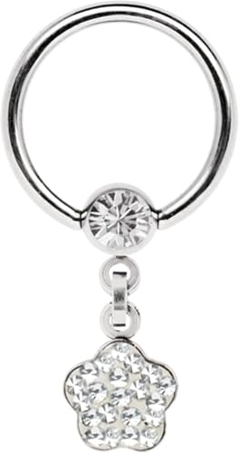 Ohr Piercing Ring, BCR aus 316l Stahl und 5 mm Stein-Kugel mit Kette + Kleeblatt mit Steinen