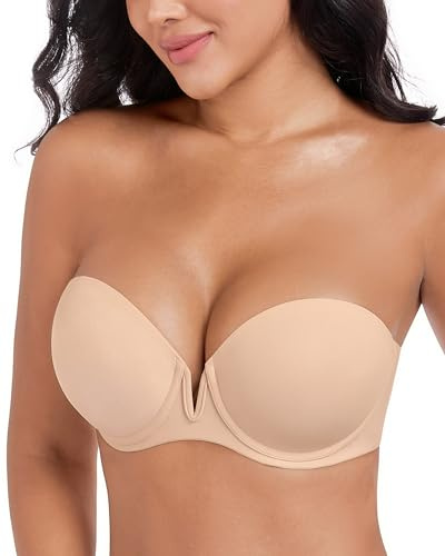 DotVol Push Up Sujetador Sin Tirante Antislip con Relleno Multiposiciones | Con aros, Escote profundo, Acolchado grueso, Tirantes desmontables