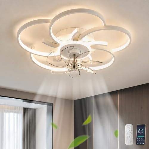 TuoyuanW Ventilatore da Soffitto con Luce in Stile Moderno Lampadario Ventilatore con Telecomando Dimmerabile Plafoniera Ventilatore 6 Velocità Reversibile per Soggiorno, Bianco