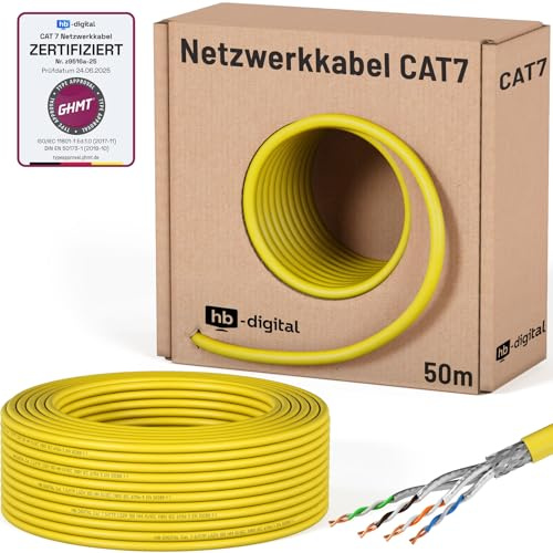 HB-DIGITAL 50m CAT 7 Netzwerkkabel reines Kupfer Simplex - Gelb | LAN Kabel GHMT Zertifiziert Verlegekabel Ethernet Installationskabel, 10 Gbit/s, reines Kupfer AWG23 S/FTP