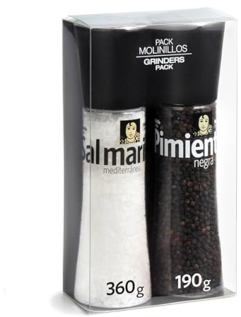 Carmencita Sal Marina y Pimienta, Sin Gluten, Pack 2 Molinillos 550 g | Sal Marina Mediterránea Grano Grueso, Pack de 2 Molinillos Gigantes 600 g, para Carnes y Ensaladas