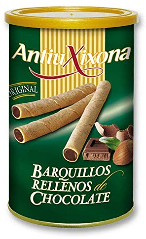 Barquillos de Chocolate, caja de 2,4 KG - Pack de latas de Barquillos (12 latas x 200 gramos) - Barquillo de galleta crujiente, relleno de intenso y cremoso chocolate. Antiu xixona Receta Original.