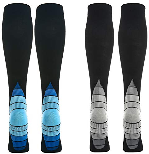 2 Paia Calze Compressione Graduata Uomo E Donna 20-30 mmHg per Sportive, Running, Trekking, Recupero, Viaggio in Aereo, Antitrombo, Vene Varicose (Blu+Grigio, L-XL)