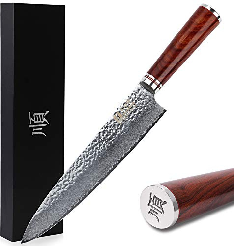 Sunlong Couteaux Gyuto 25,4cm Couteaux de chef - Japonais Martelé Damas Acier - Naturel Rose Manche en bois
