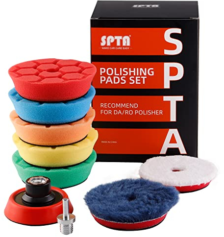 SPTA Mini Polierschwamm, 9tlg 80mm Hex-Logic Polierschwämme mit Polierfell und Polierteller Polierpad M14 Adapter Bohren für exzentrische Poliermaschine schleifmaschine -FLPS3MIX