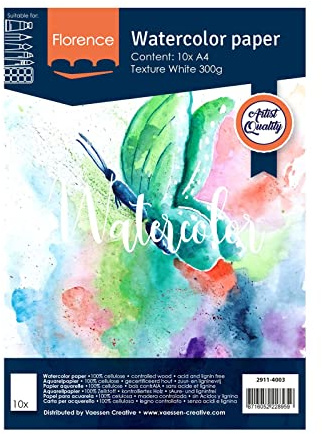 Vaessen Creative Papel de Acuarela Florence A4, Blanco Intenso, 300 GSM, Calidad de Artista, Superficie Texturizada, 10 Hojas para Pintar, Handlettering, Proyectos de Arte