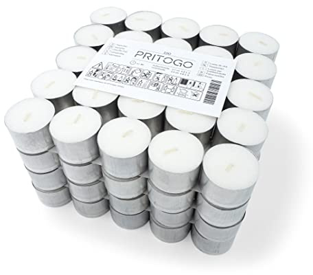 Pritogo - Velas de té (100 piezas) - blancas, sin perfume, en una tapa de aluminio Ø 3,8 x 2,5 cm, sin hollín, tiempo de combustión: 8 horas