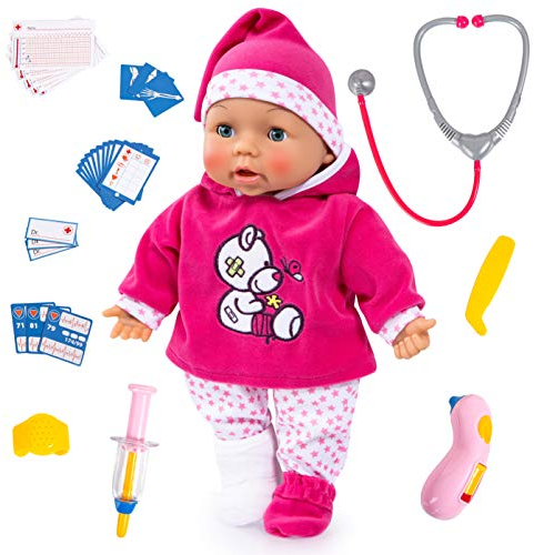 Bayer Design 93841AA Babypuppe, Funktionspuppe, Doktorpuppe, Doctor Baby 38cm, mit Sounds, Interaktiv, Weichkörper, Schlafaugen, Zubehör, Rosa, Weiß, Sterne