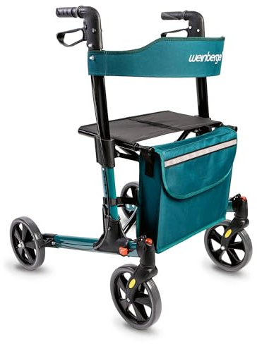 Weinberger leichter klappbarer Alu-Rollator all-Inclusive mit Tasche Stockhalter Bremsen, Leichtgewicht nur 7,3 kg, höhenverstellbar, Gehwagen Gehhilfe Reiserollator, Farbe Petrol-Grün