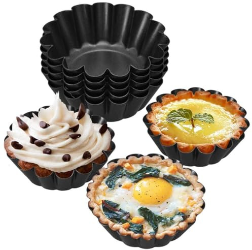 Techson 12 Pack Egg Tart Mold, Cupcake Muffin, Cake Cookies Jelly Mould Pan Maker Diameter 6.5cm, Thickened Steel Reusable Baking Cups (Black)
