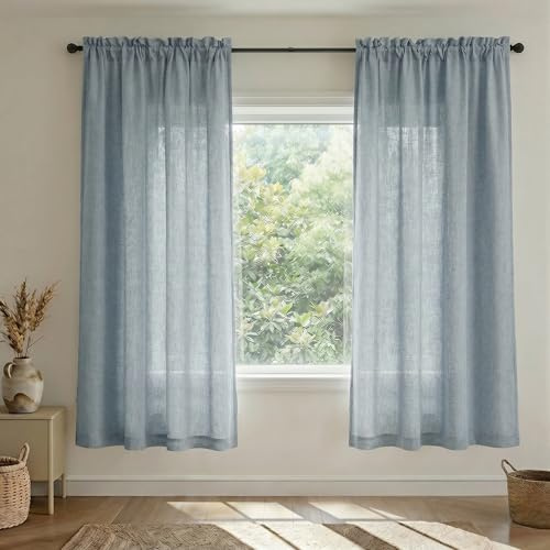 Blaugraue Vorhänge, 160 cm Länge, für Jungen-Schlafzimmer, Dekoration, 2 Paneele, Stangentasche, halbdurchsichtig, Leinen, staubiges blaues Licht, filternder Vorhang für Kinderzimmer, Teenager,
