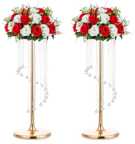 Nuptio 2 Pcs 27.6inch Tall Wedding Centerpieces Gold Vases Crystal Flower Vase Metal Flowers Stand for Party Tables Decorations - Elegant Bulk Weddings Decoration Table Chandelier Centerpiece Stands