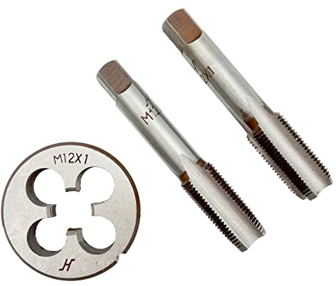 Acdeyaca Ensemble de tarauds et filières métriques à main, tarauds filetés M12 x 1 et matrice ronde, 2 tarauds droits pour droitier et 1 matrice (M12 x 1)