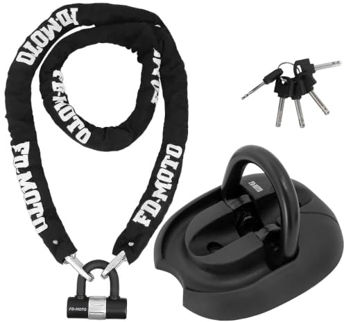 FD-Moto Black/White Steel Chain Lock + Ground Wall Anchor (4 Bolts) | 4.3Kg 2M*10mm Steel Anti-Theft Heavy Duty for Motorbike Motorcycle Scooter Bike Bicycle