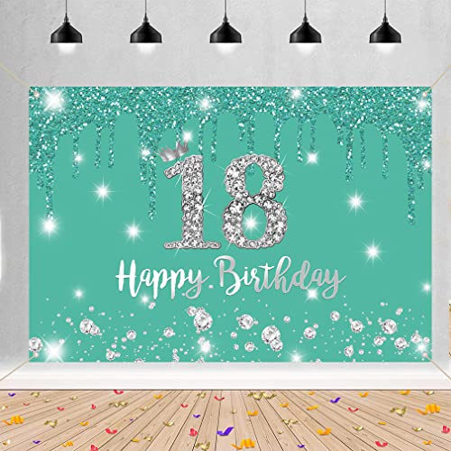 18. Geburtstag Mädchen Deko Banner, 18 Geburtstag Stoff Schild Plakat, 18th Birthday Hintergrund Banner Geburtstagsfeier Deko Kuchen Tabelle Bannerzubehör, Türkis