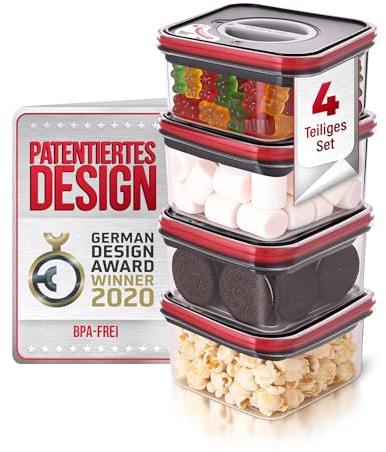 Neoflam® Vorratsdosen mit Deckel Luftdicht, Vorratsorganizer 4er Set BPA-frei, Vorratsbehälter mit Einhanddrehverschluss, Frischhaltedosen für Lebensmittelaufbewahrung, Deckel schwarz/rot, 4x 0,55L