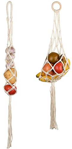 Beautyflier 2 Stück Makramee Hänge-Obstkorb Wandbehang Kartoffel Zwiebel und Obst Boho Obsthalter Netz für Küche Dekor (weiß)