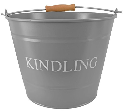 Grey Metal Fireside Kindling Bucket with Wooden Handle - Diameter of 23cm