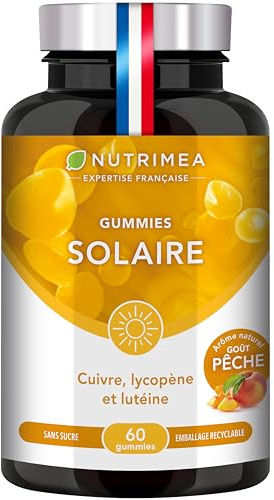 Gummies Solaire - Préparateur de Bronzage - Pigmentation de la Peau - Avec Cuivre, Lycopène et Lutéine - Fabrication Française - 60 Gummies Vegan - Goût Pêche - Nutrimea