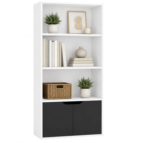 URBNLIVING Bücherregal mit 4 Etagen, breit, aus Holz, mit 2 Türen, Aufbewahrungsregal, Vitrine, Schrank, Einheit (weiß mit schwarzen Türen)