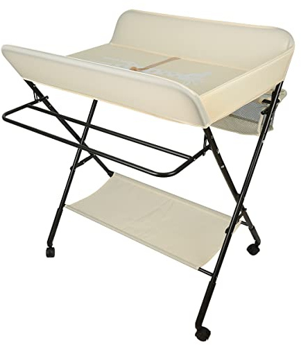 Wickelkommode Klappbar Babypflegetisch mit Sicherheitsgurt Ablagefächern, Babybett mit Wickelkommode, Baby Stilltisch Platzsparend & Stabil-80 * 66 * 98cm (beige)