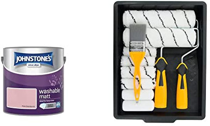 Johnstone's - Washable Paint - Pink Starburst - Matt Finish - 12m2 Coverage per Litre - 2.5L & Coral 10501 Paint Kit with Headlock and Mini Roller Frame and Hybrid Brush, Set of 12 Pieces